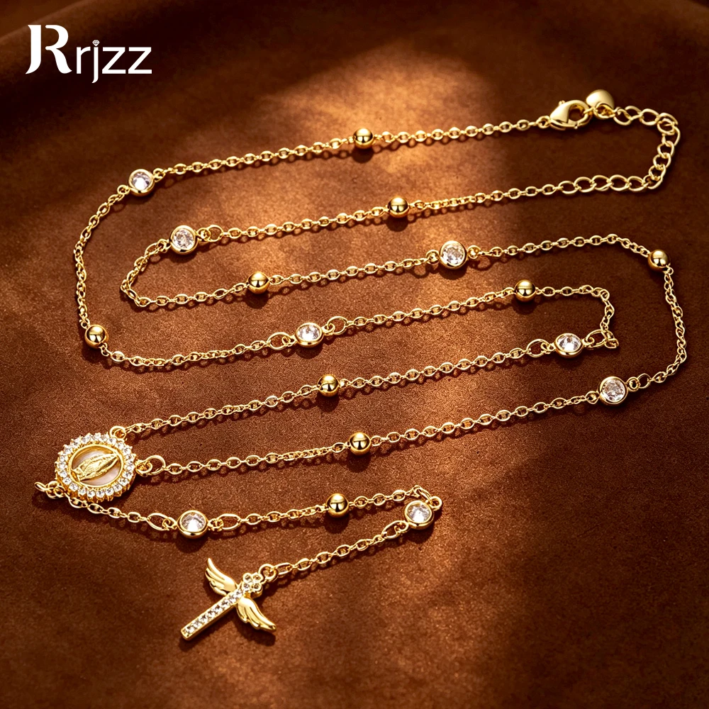 Collier chapelet Rrjzz en moissanite couleur D de 3 mm, pendentif croix Vierge Marie, collier de prière religieuse catholique, bijou GRA, cadeau