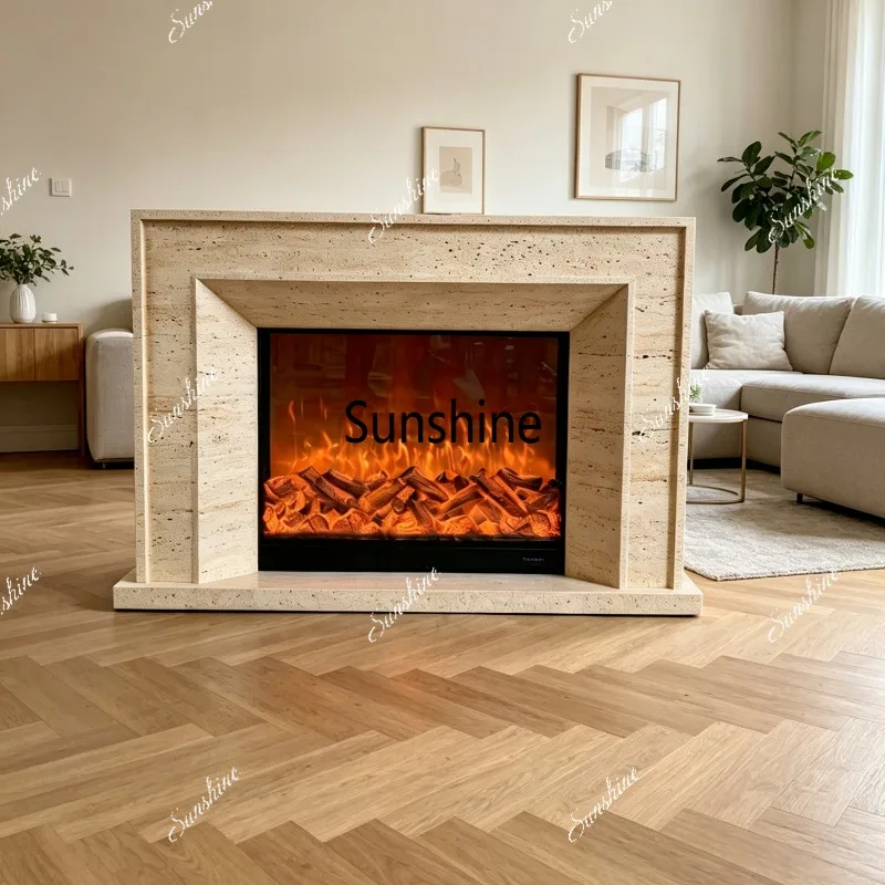 Modern simple imitation marble travertine fireplace cabinet fake flame mantel