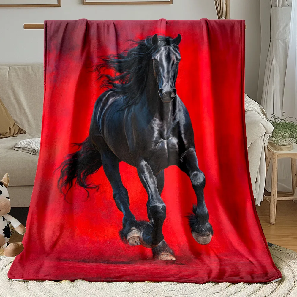 Dramatic Black Horse Galloping Print Throw Blanket Home Decor Equestrian Art Picnic Rug Stallion Sofa Bed Gift Luxury Throw