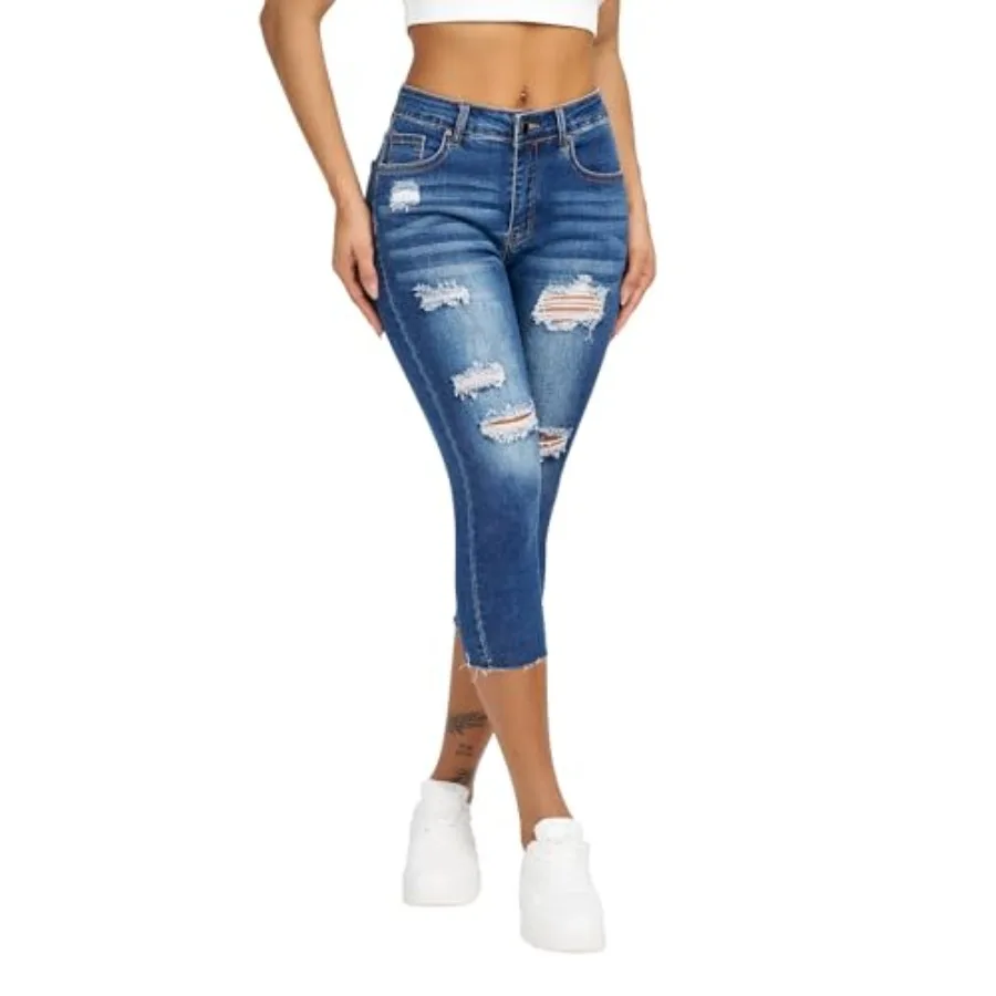 

roswear Women's Capri Jeans Ripped Stretch Denim Capris Mid Rise Skinny Cropped Pants