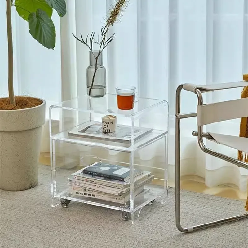 Transparent Acrylic Bedside Table Office Home Furniture Side Table Storage Cabinet Coffee Tables Sofa Side Table with Wheels