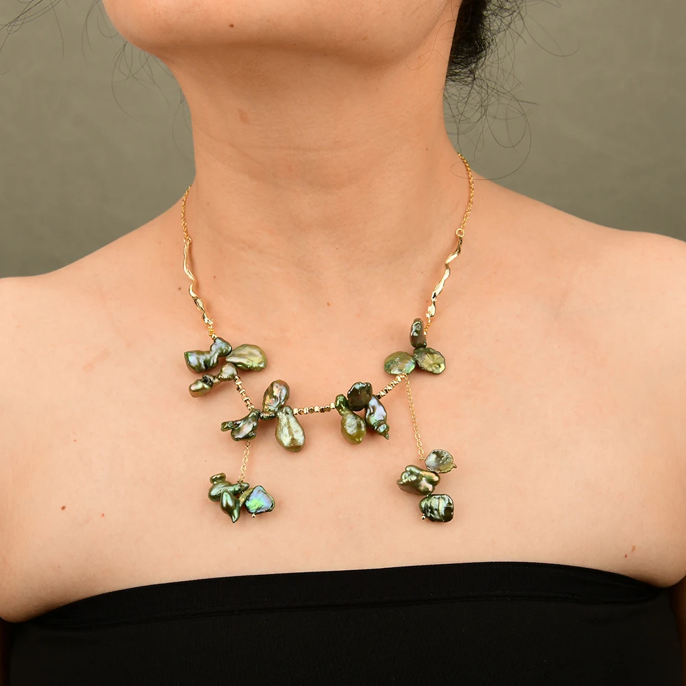 G-G Cultured Green Keshi Pearl Necklace Pendant Gold Plated Connector Chian Necklace For Lady