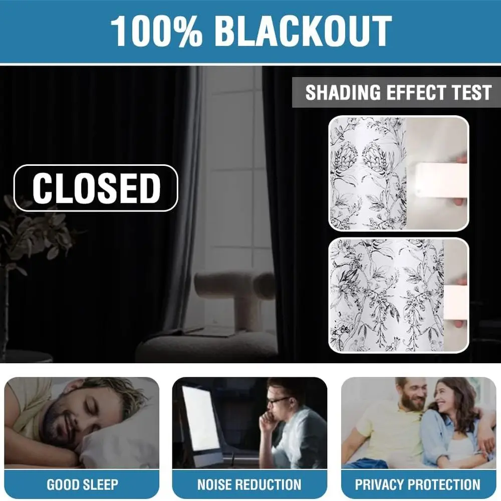 Cortinas blackout Camellia Floral 108 com ilhó, conjunto de 2 painéis, forro preto, isolamento térmico