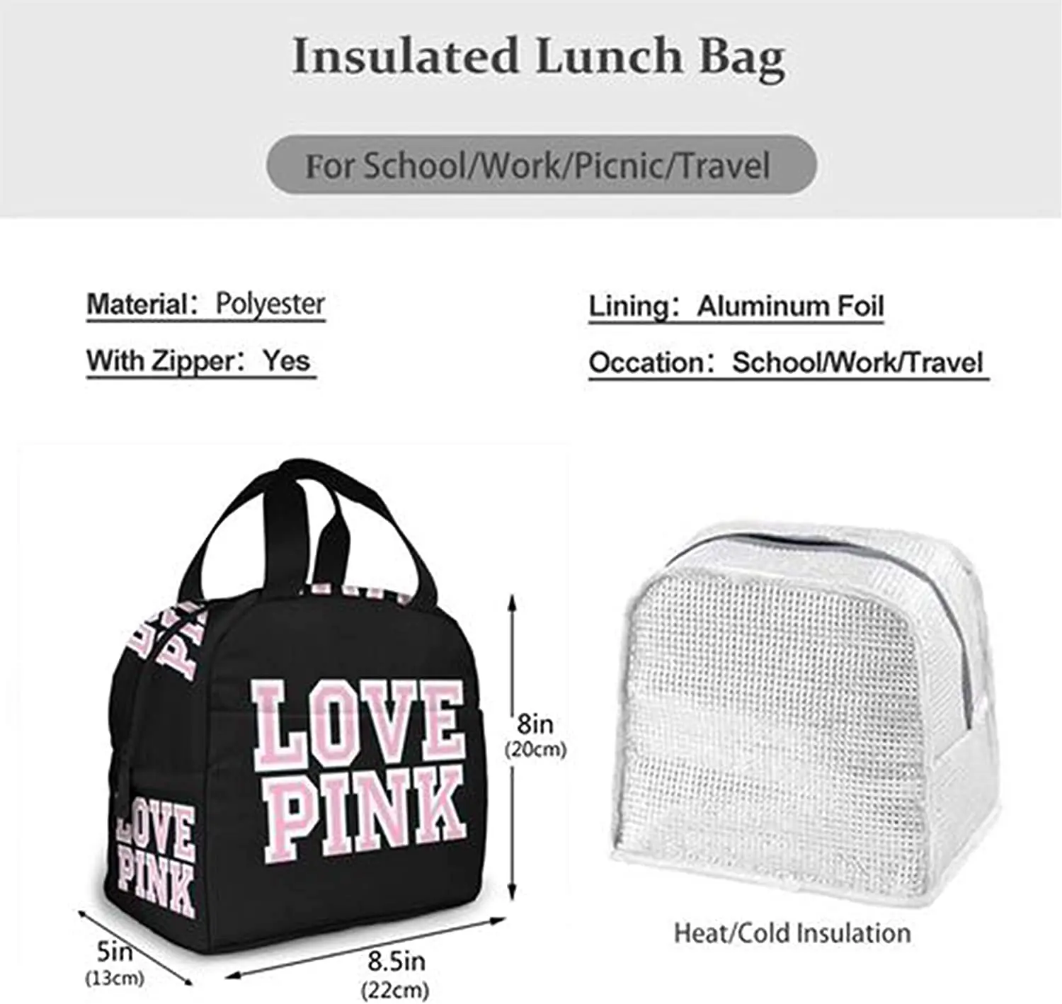 Sac à lunch isotherme portable pour femme, rose, noir, amour, fourre-tout étanche, sacs à bento, boîte à lunch pour le travail, l'école, le pique-nique