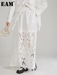 [EAM] High Elastic Waist White Lace Hollow Out Long Elegant Half-body Skirt Women Fashion Tide New Spring Autumn 2024 1DH7978