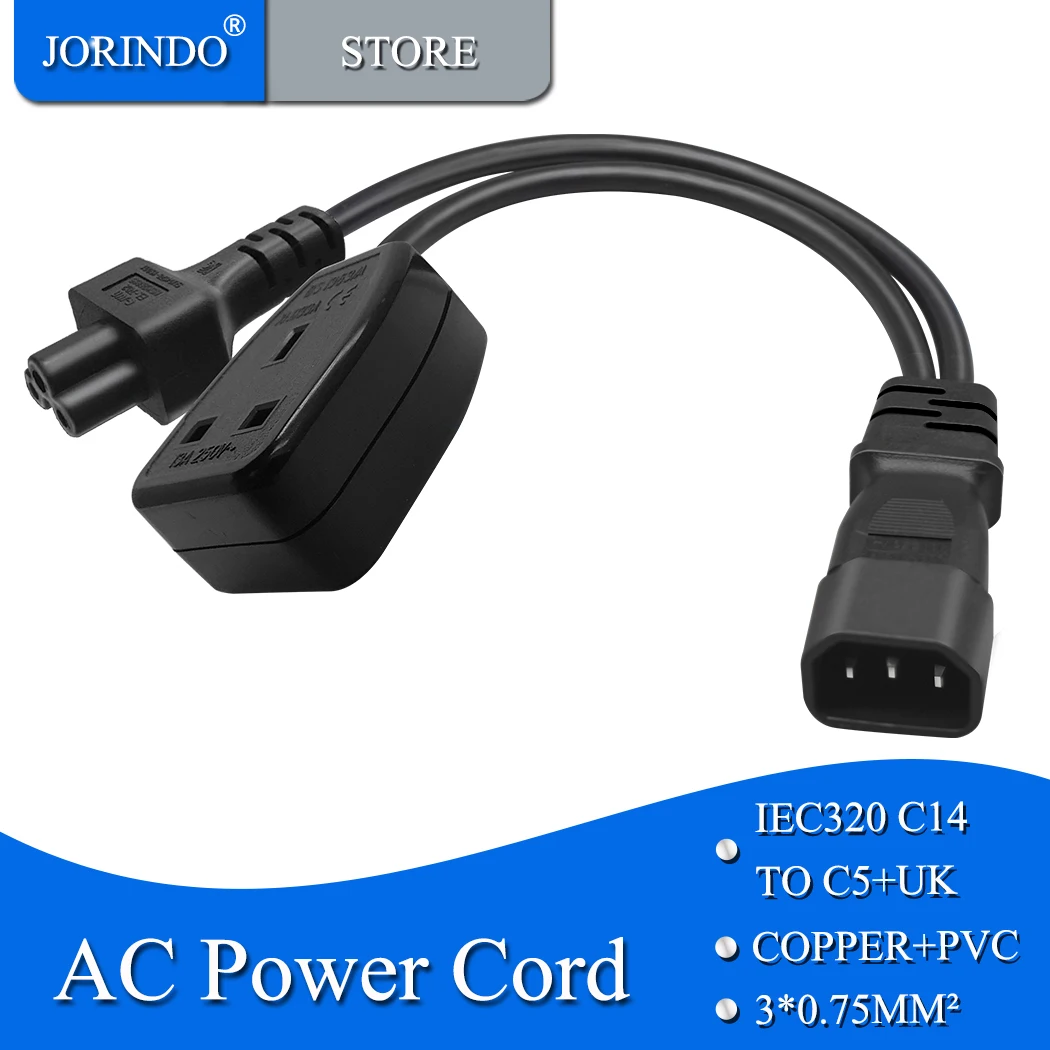 JORINDO C14 TO C5 + UK ซ็อกเก็ต Y Splitter ปลั๊กไฟสายไฟ, IEC320 C14 อังกฤษซ็อกเก็ตและ C5 3 หลุมสายแปลงไฟ
