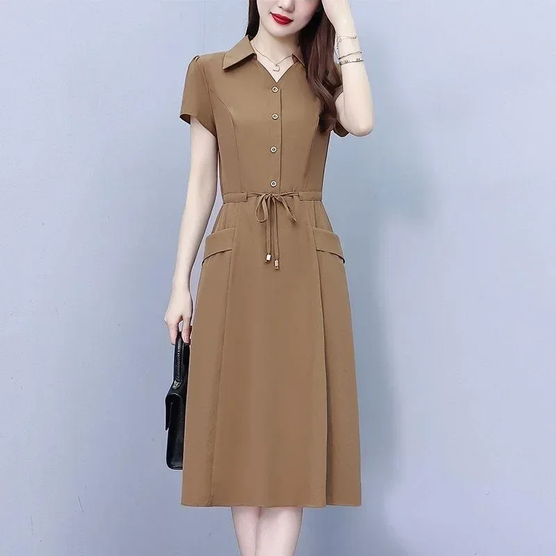 

Women Loose Casual Pencil Vestidos Female 2024 New Summer Short Sleeve Knee-length Elegant Belt Midi Office Dresses Korean Robe