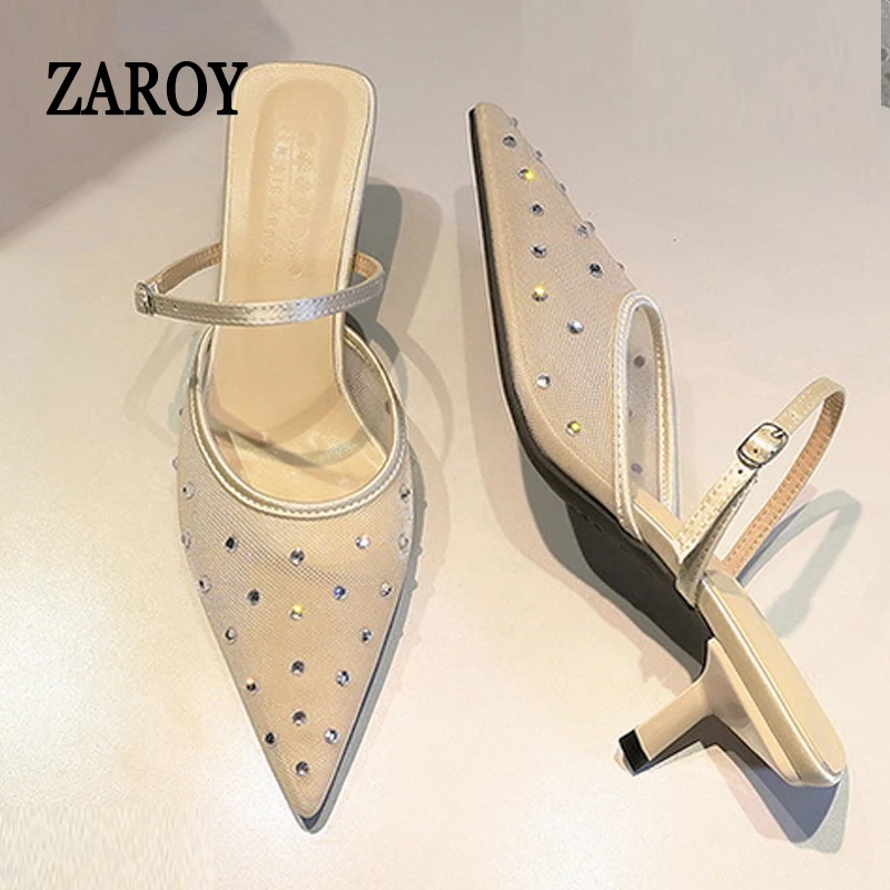 

ZAROY Summer Woman Slippers Luxury Crystal Mesh Point Toe Mule Slides Sexy Elegant Rhinestone Low Heels Party Sandals Zapatos