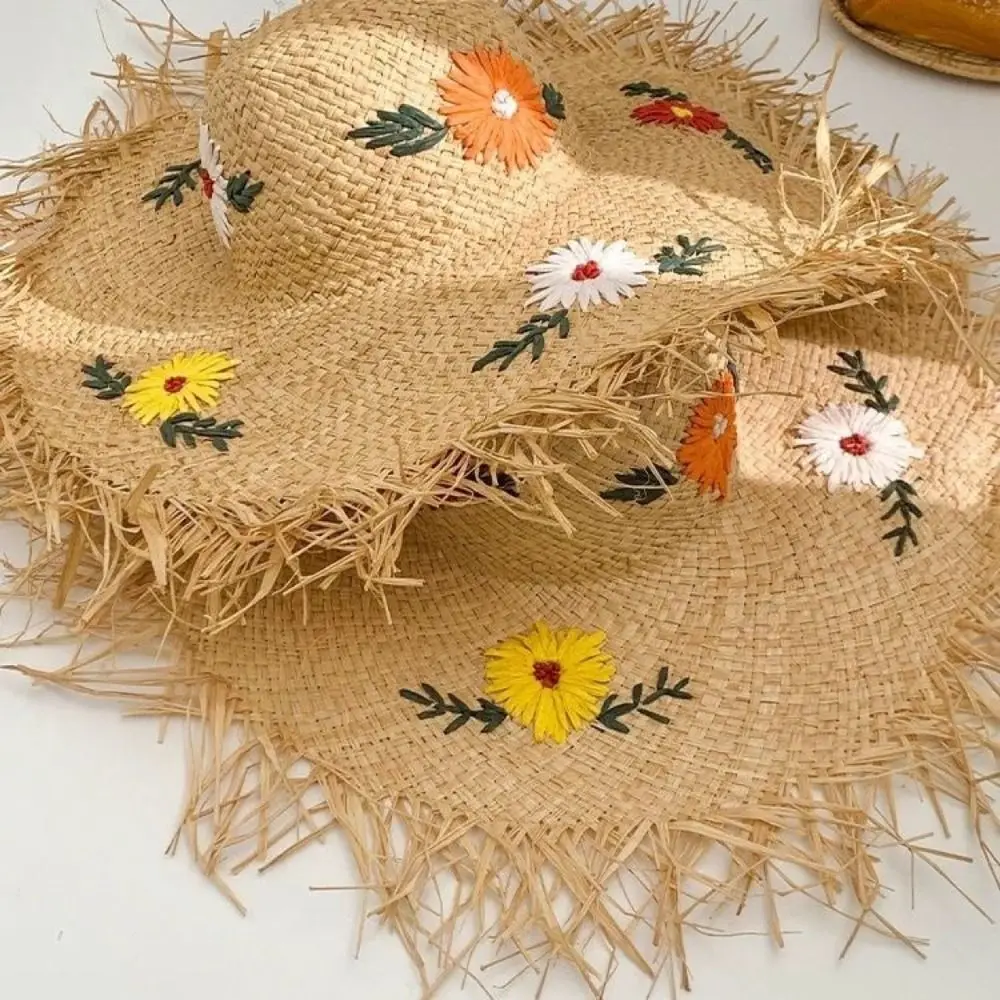 

Модная соломенная шляпа в стиле бохо из рафии с широкими полями, складная, с вышивкой цветов, ажурная, для улицы