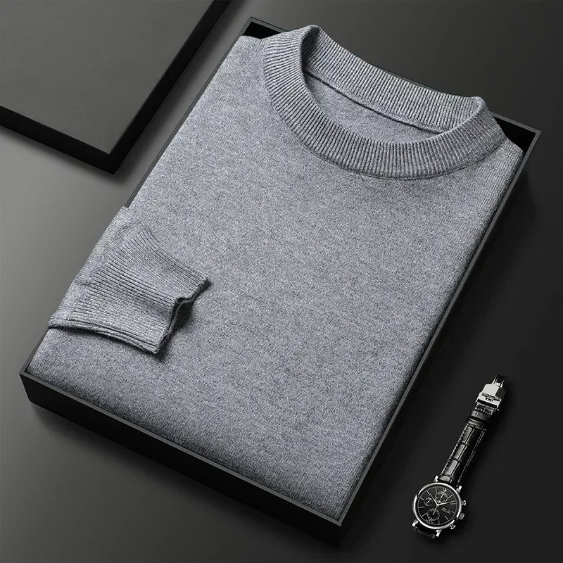 High Quality Woolen Sweater Men's 100% Pure Wool Thickened Warm Semi-turtleneck Round Neck Winter Knit Base Pullover Men's Top