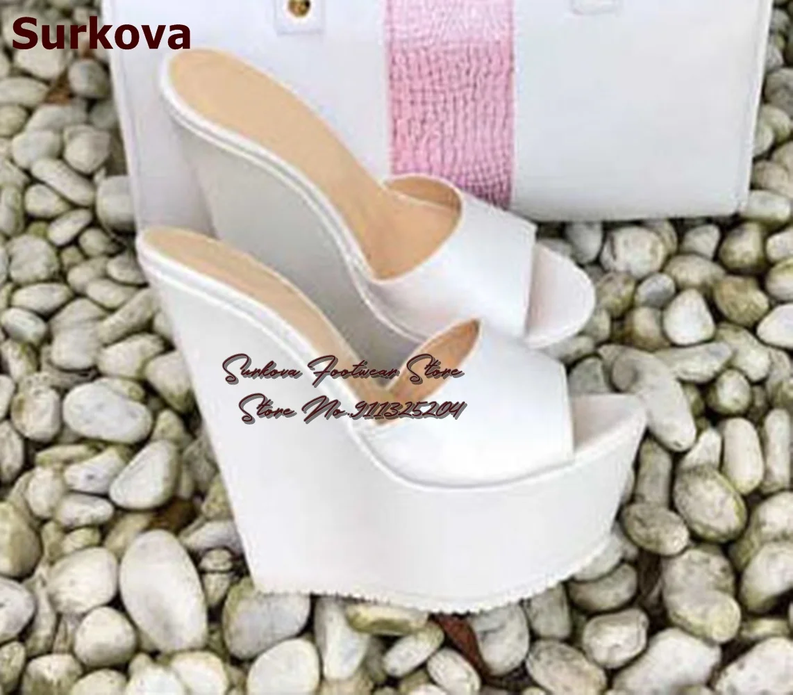 Surkova Beige Matte Wedged Heel Slippers Open Toe High Platform Summer Sandals Sky High Nightclub Dress Shoes Size46 Pumps