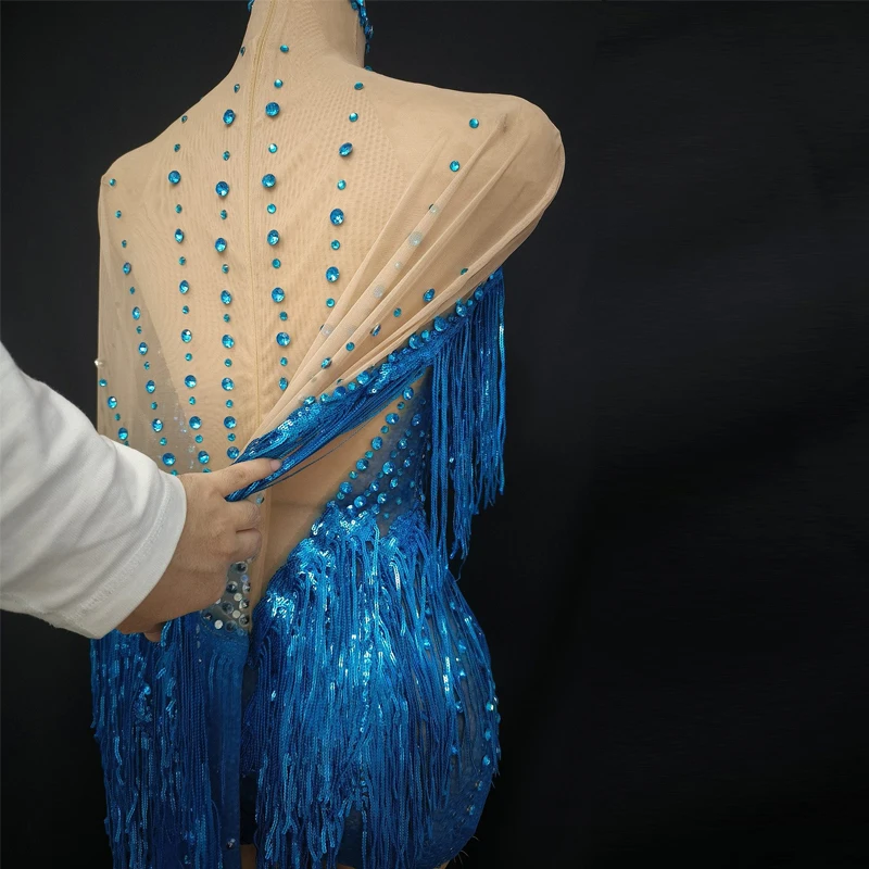 Azul completo franjas strass vestido feminino lantejoulas vestido de festa bar dj ds celebrar roupa palco trajes jazz club wear xs10788