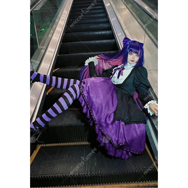 

25COSMiccostumes Women's Stocking Cosplay Costume Black Purple Gothic Dress and Belt with Striped Stockings and Bowtie