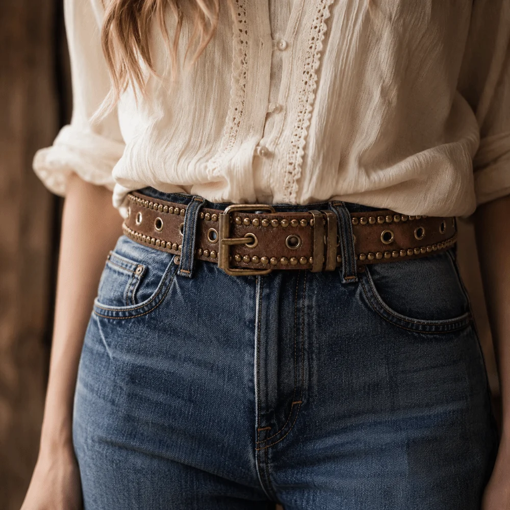 Rivet Studded PU Leather Belt Multi Hole Antique Bronze Pin Buckle Studded Leather Belt Distressed Brown Adjustable Retro Belt