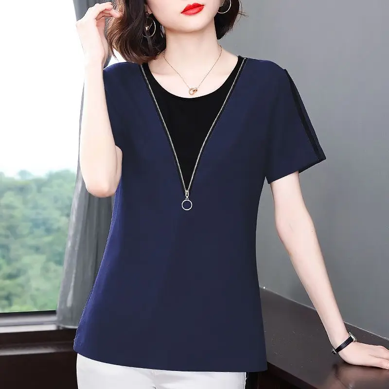 Women's Korean Fashion Simple Patchwork Zipper Elegant T Shirts Summer Casual Round Neck Short Sleeve Loose Tops Female Clothing