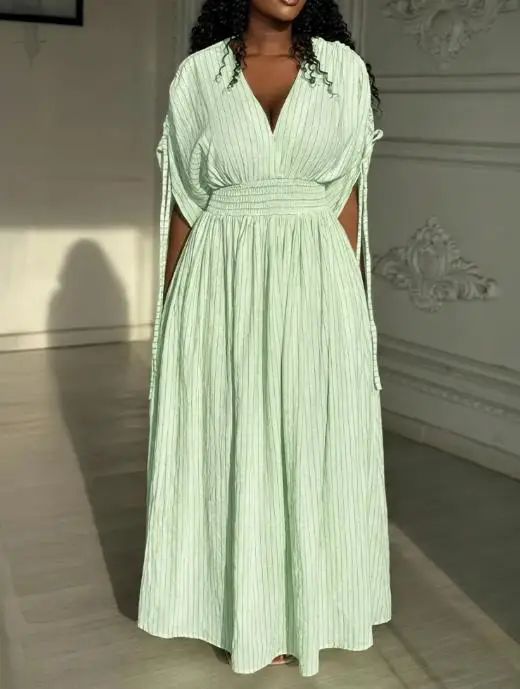 

Women's Dress Summer Loose Fashion Striped Print V-Neck Cinched Waist Elegant Casual Daily Pleated Short Sleeved A-Line Dress