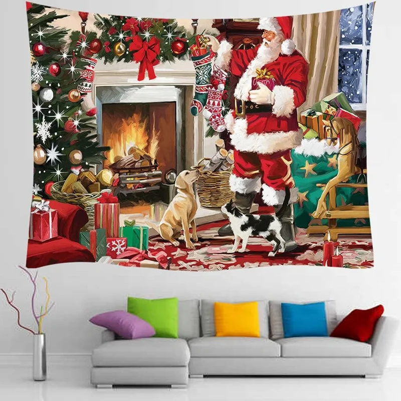 

Santa Claus fireplace tapestry with stockings decoration party supplies bed bedroom living room outdoor dining background