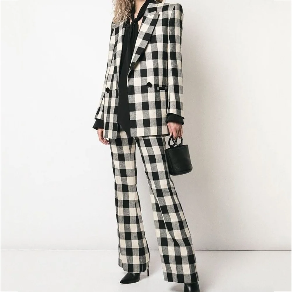 

Professional Plaid Suit For Women Straight Fitted Outfit Casual Peaked Lapel Double Breasted Formal Office Female Suit Set