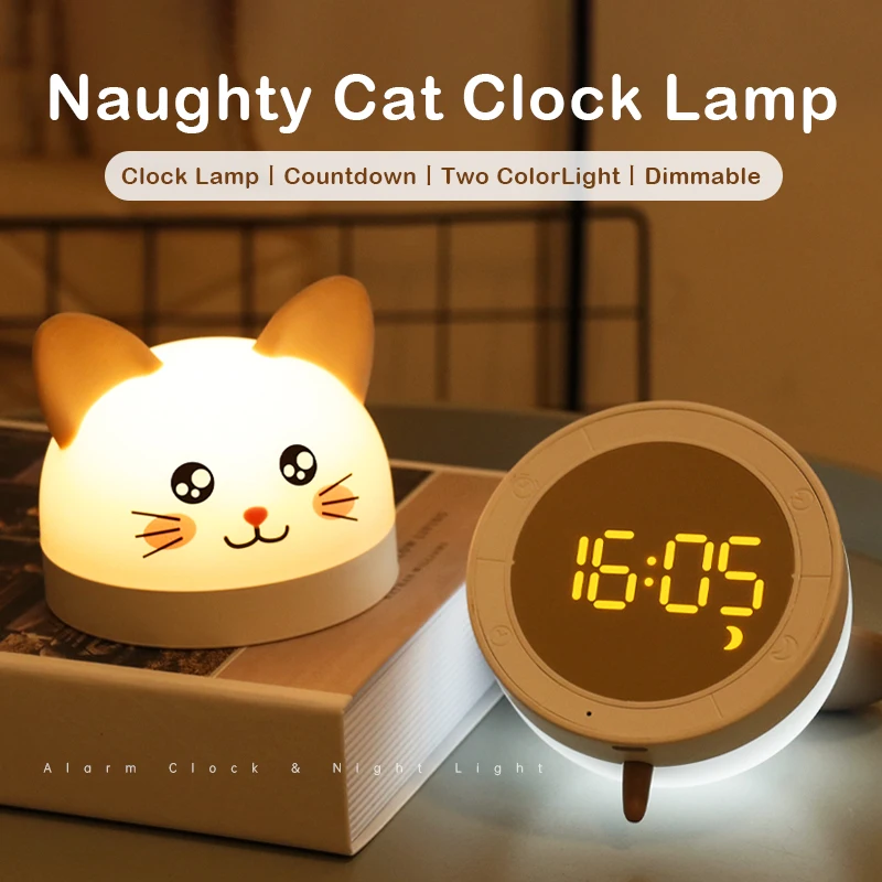 Cute Cat Alarm Clock For Children With 2 Colors LED Lamp Timer Snooze Rechargeable Night Light Christmas Kids Gifts