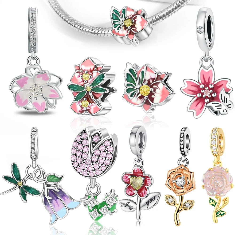 

beaded 925 Sterling Silver Pink Flower Series Dragonfly Bluebell Flower Two-piece Set Charms for Women Diy Bracelet Jewelry Gift