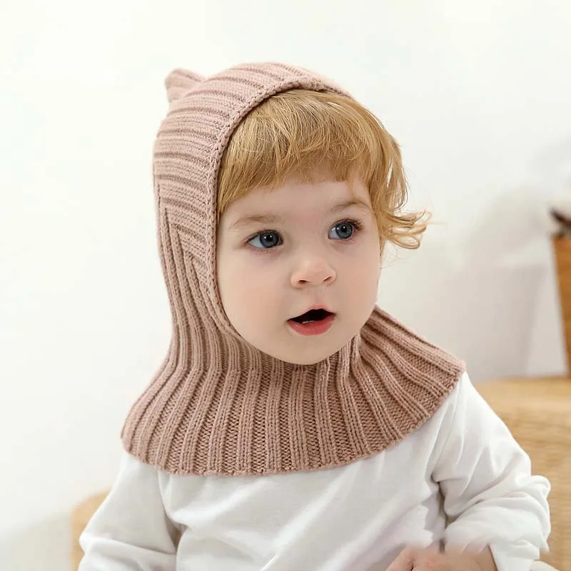 

New Baby Hats Scarf One-Piece Winter Warm Child Pullover Hat Cute Solid Infant Knitted Caps Windproof Ear Protection Neck Scarfs