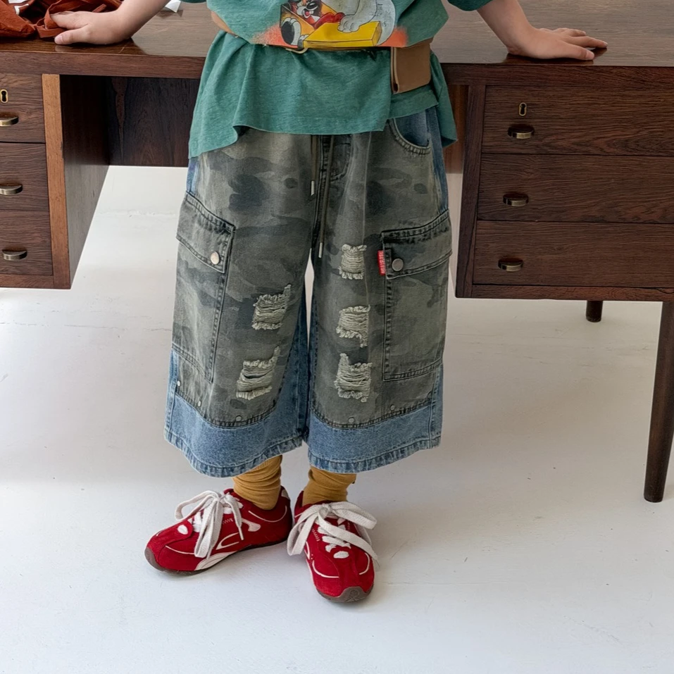 Pants 2026 Spring And Summer New Children's Clothing Korean Style Boys And Girls Loose Wear Stitching Camouflage Jeans
