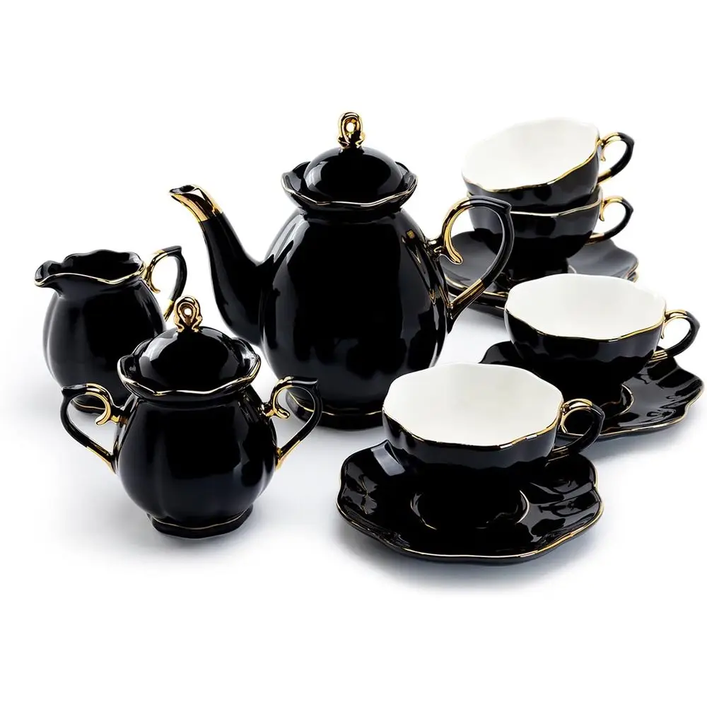 

Чайный сервиз «Черное золото», 11 предметов, фарфор, с рельефным узором, ручная роспись: чайник, сахарница, сливочница, чашки, блюдца