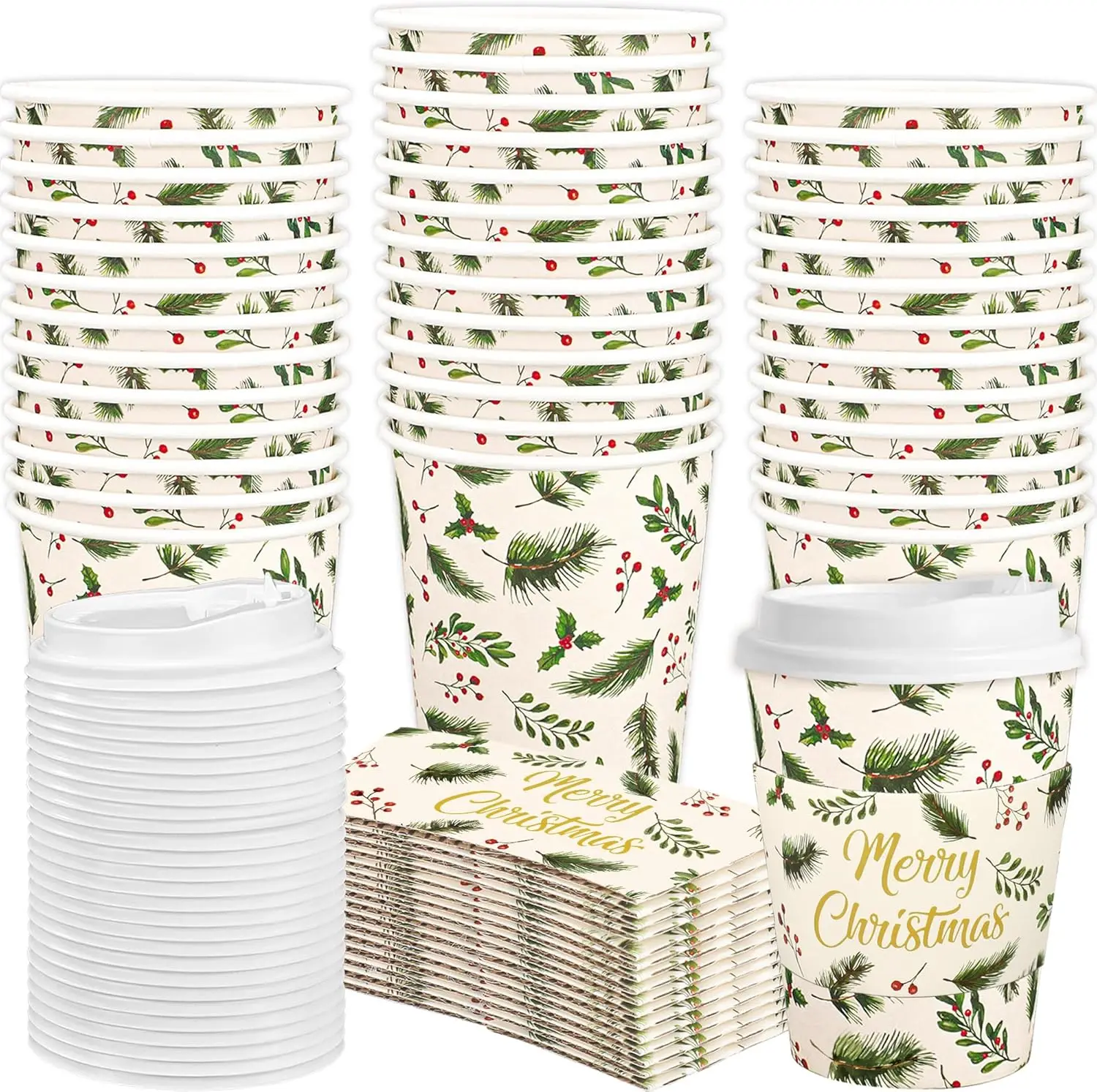 

50 Pack Christmas Disposable Coffee Cups 12oz Holly To Go Coffee Cup with Lids and Sleeves Winter Holly Leaf Paper Drink
