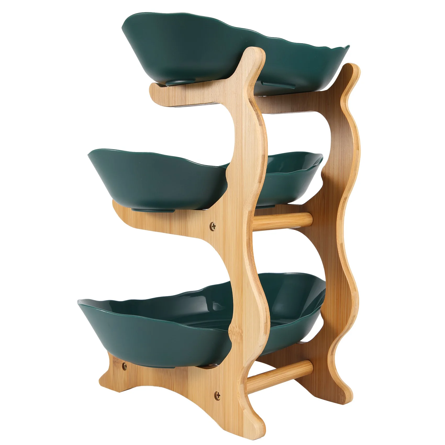 

BHBD-3 Tiers Fruit Plate With Wood Holder Snacks Candy Plate Kitchen Organizer Rack Party Food Serving Display Tray