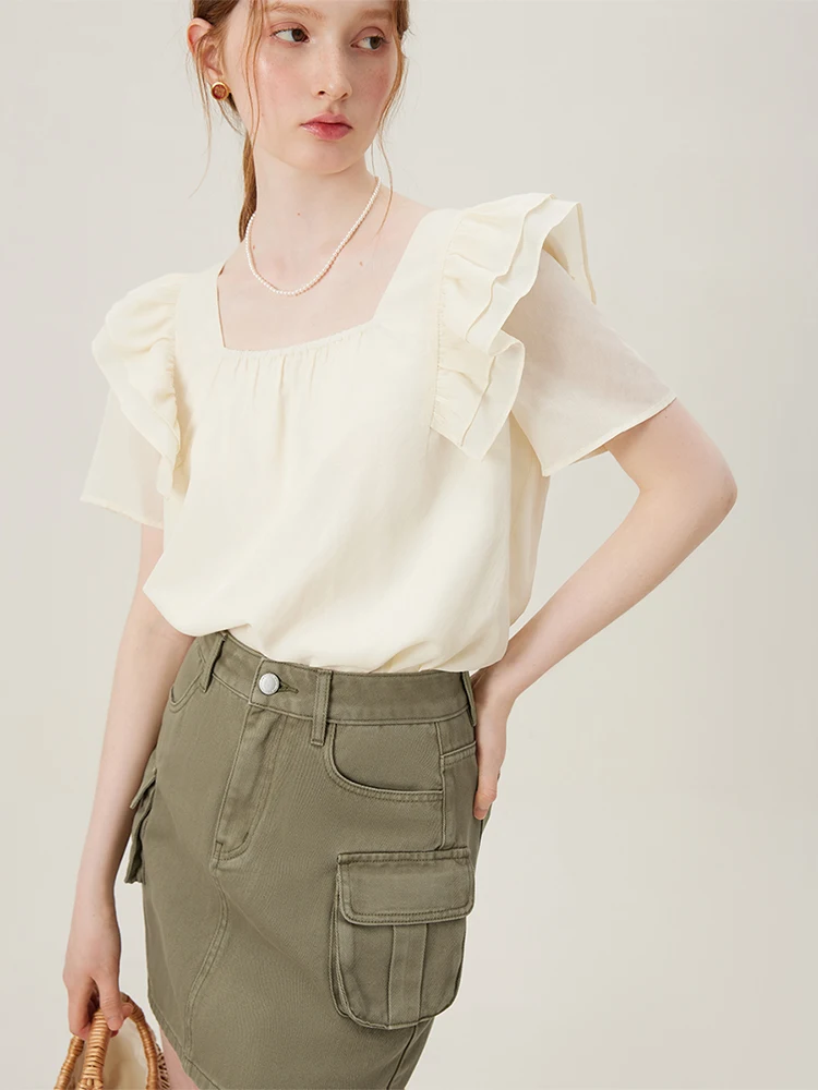 FSLE Women Summer Black Cotton Short Sleeve Blouse Square Neck Ruffled Sleeve Shirts 56.3% Lyocell Apricot Tops 24FS12994