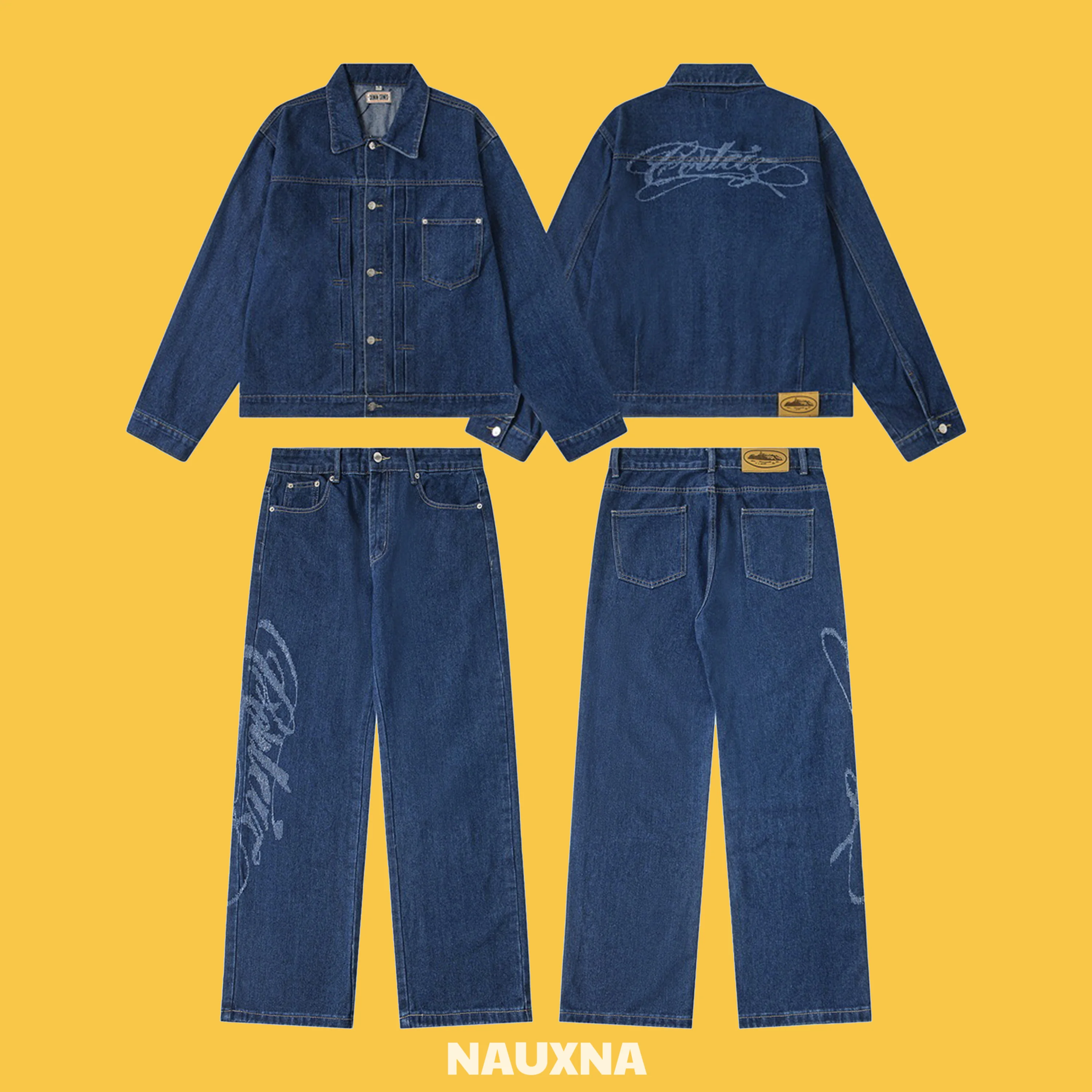 

Ретро-комплект в американском уличном стиле хип-хоп: джинсовая куртка и свободные повседневные брюки для женщин, осенний модный ансамбль с длинными рукавами