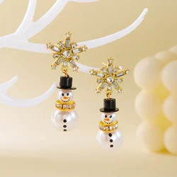Fashion Christmas Rhinestone Snowflake Imitation Pearl Hat Snowman Earrings Lady Cute Charm Party Jewelry Gift