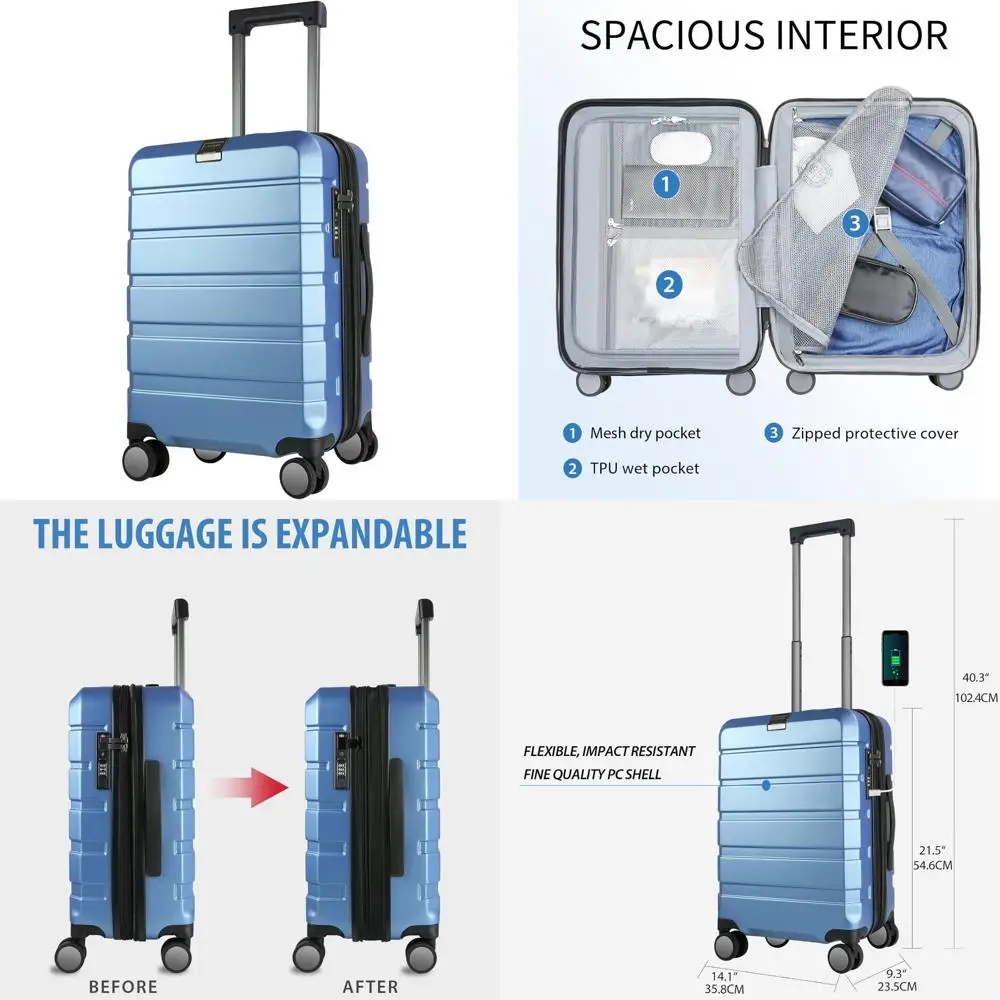 Expandable Hardside Spinner Luggage with Built-in TSA Lock, Durable Rolling Suitcase, USB Port, Carry-On Size for Travel