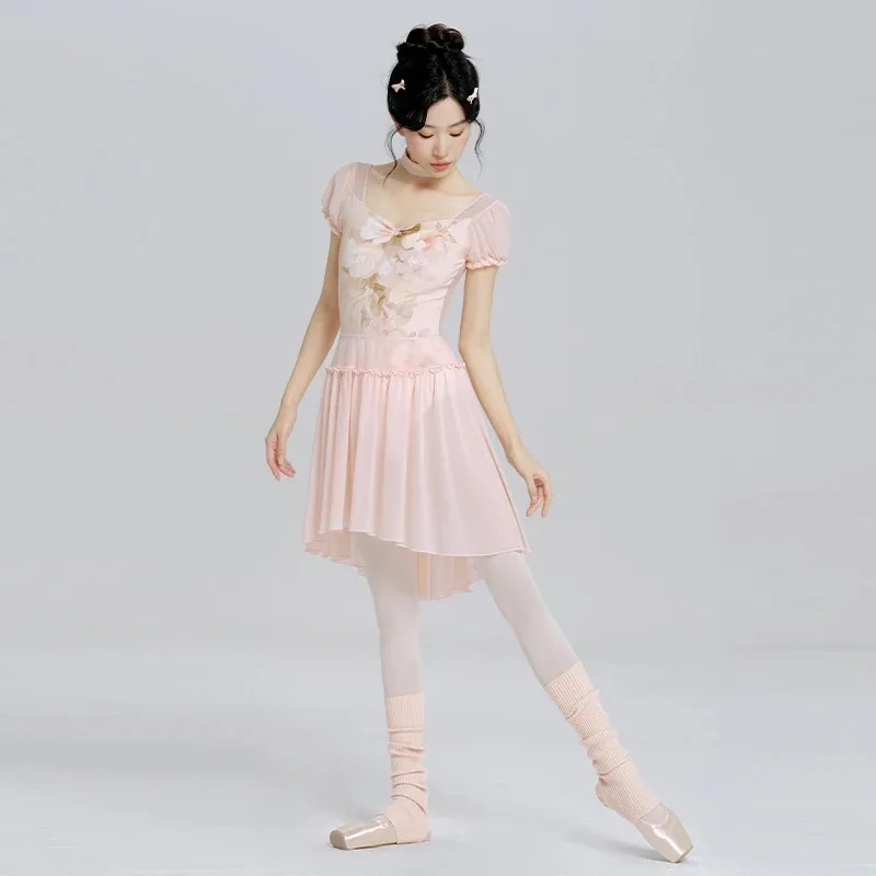 バレエドレス、大人女性ダンス練習着、シフォンスカート、ダンスパフォーマンスガーゼドレス、スカート付き体操服