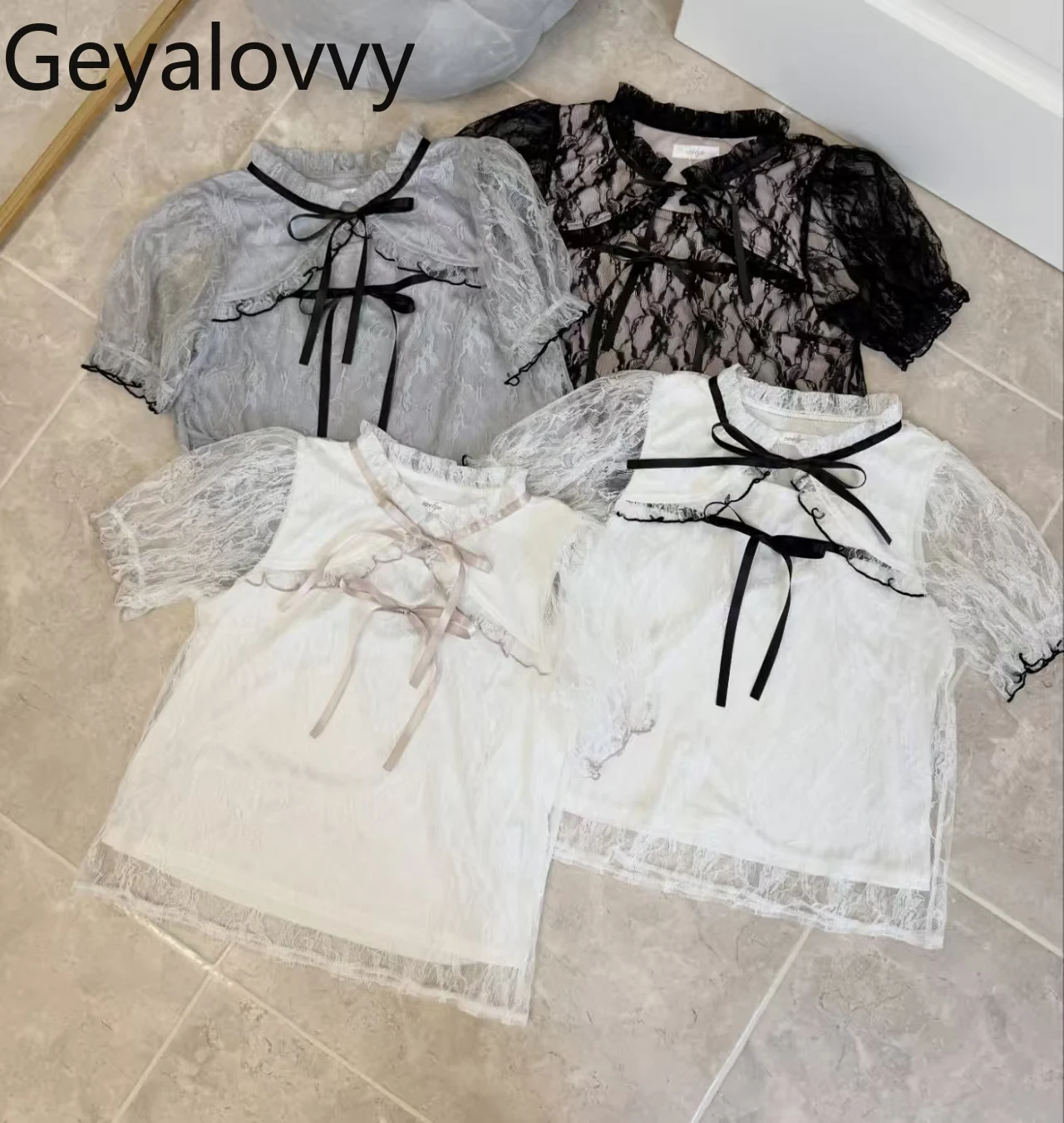 

Hollow Design Lace Versatile Tops Summer New Japanese Camisas Sweet and Cute Girls Blouse Bow Lace-up Short-sleeved Shirt