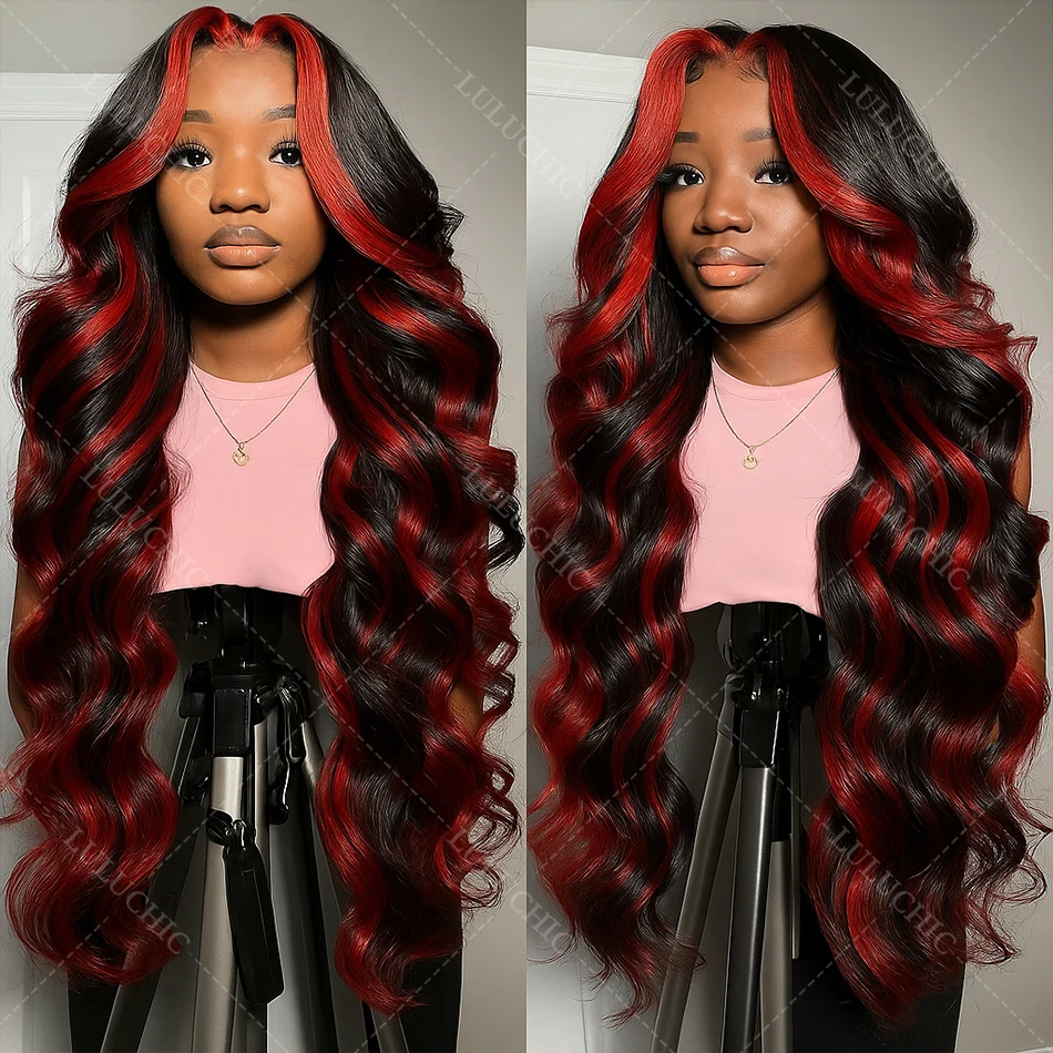 1B/99J أومبير الأحمر مع الأسود يسلط الضوء على الجسم موجة 5x5 غلويليس الباروكات شعر الإنسان للنساء 200% بورجوندي الملونة الدانتيل إغلاق الباروكات