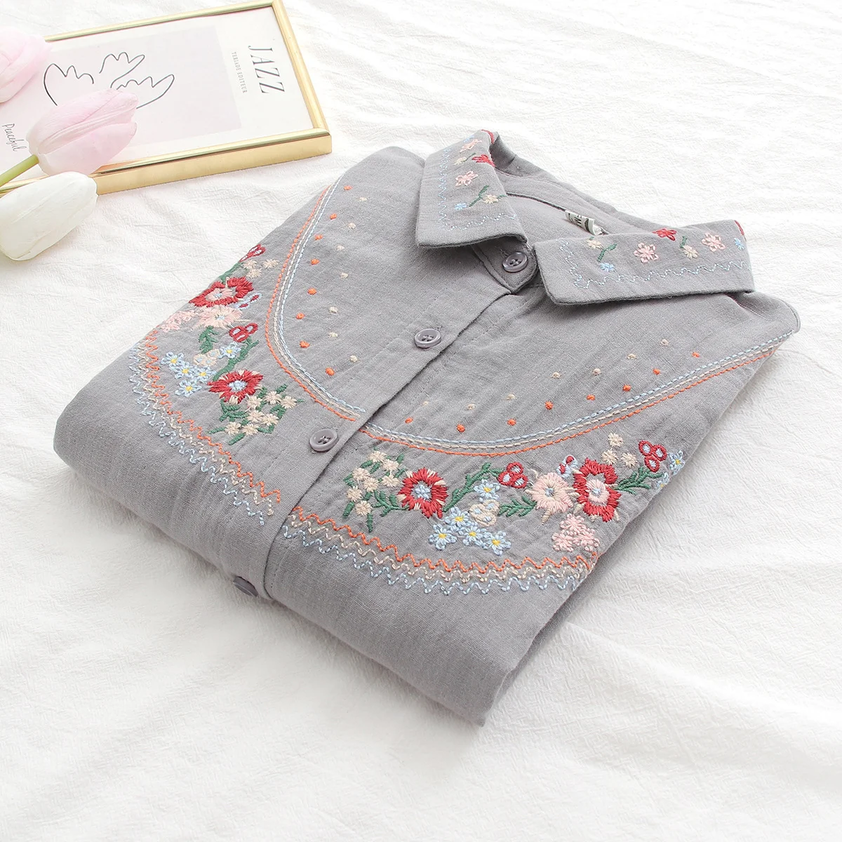 100% Cotton Yarn Gray Blouses for Women Ethnic Design Long Sleeve Flowers Embroidery Shirts & Blouses Japanese Vintage Clothes