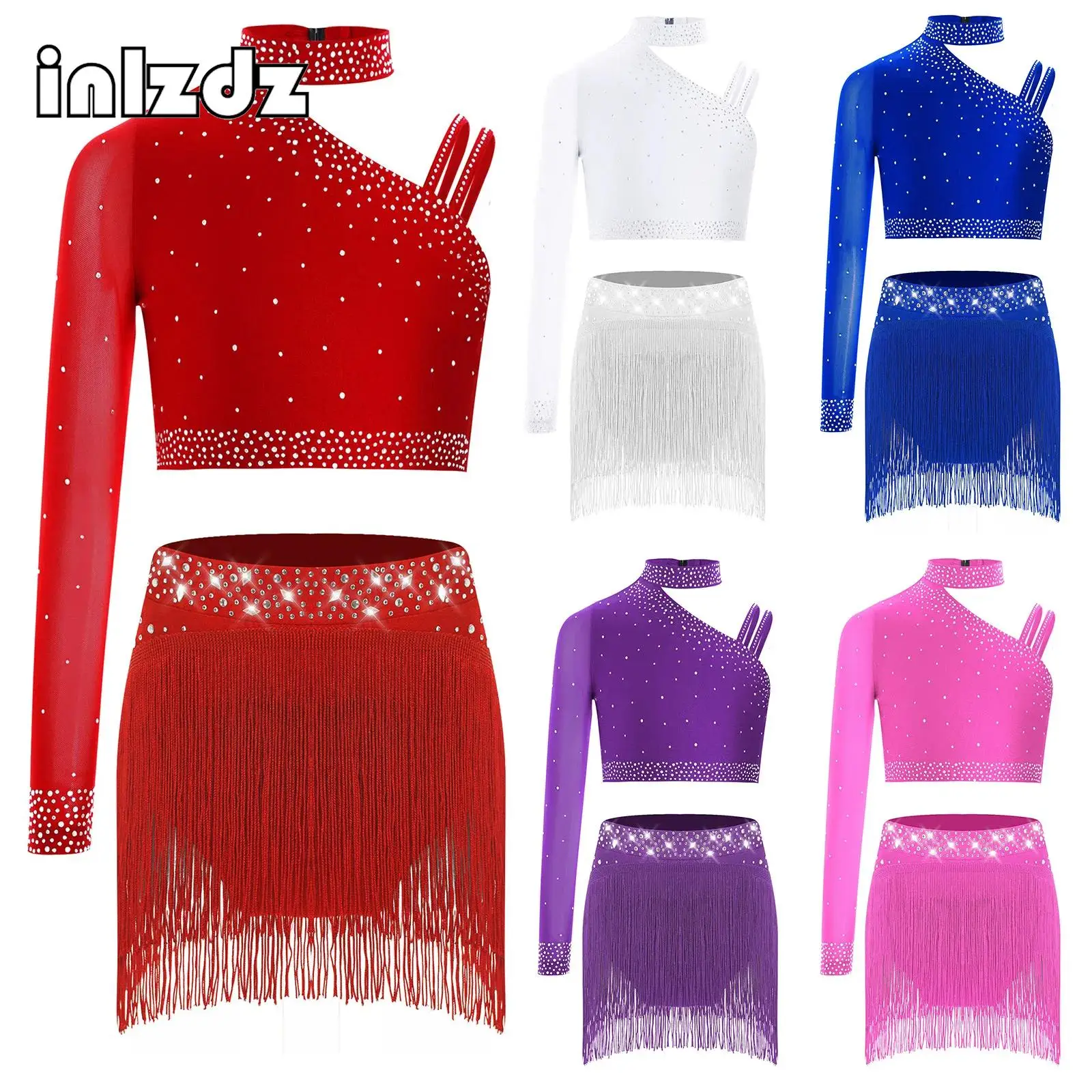 

Kids Girls Lyrical Dance Sets Ballet Modern Performance Costume Rhinestones Irregular Shoulder Gymnastics Crop Top+Skirts Suit