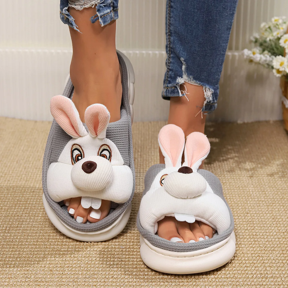 Cute Rabbit Linen Slippers Women\'s Four Seasons Home Room Sweat Absorbing and Deodorant Thick Bottom Spring and Linen Sandals