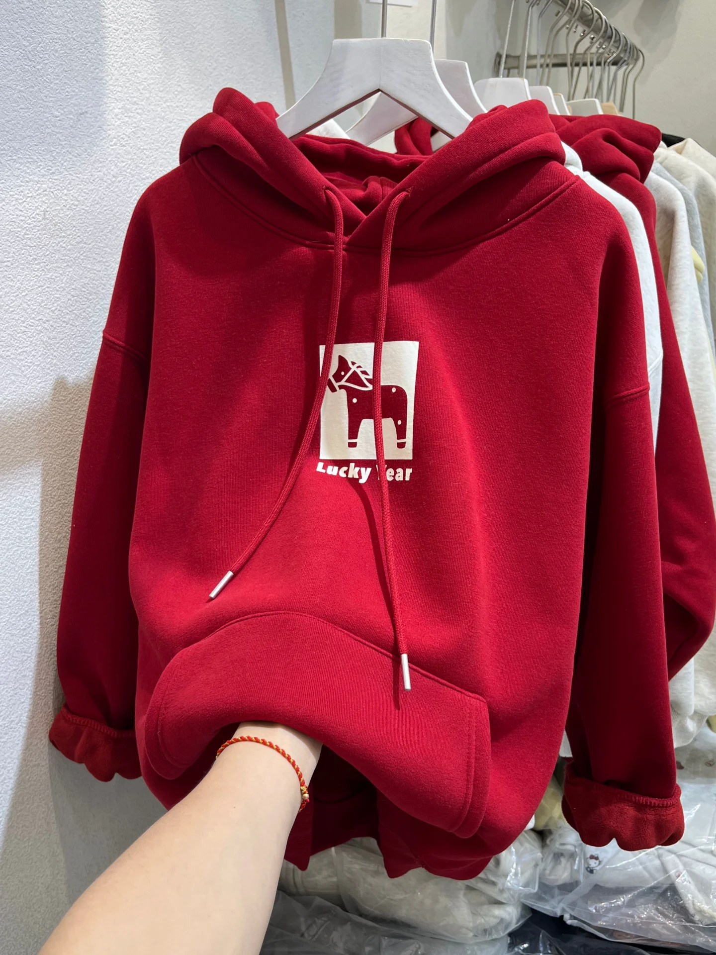 Felpa Coreana Oversize con Cappuccio, Foderata in Pile, Manica Lunga, Stampa Cartoon e Lettere, Casual e Alla Moda per l'Inverno