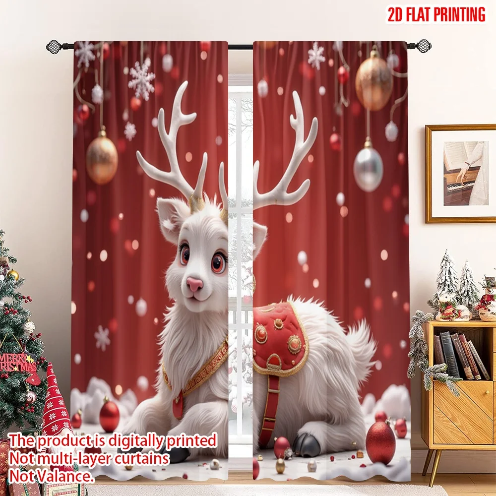 

2pcs 2D flat printing Merry Christmas Drapes White Christmas Reindeer Polyester Without Electricity Festive Curtains Use for