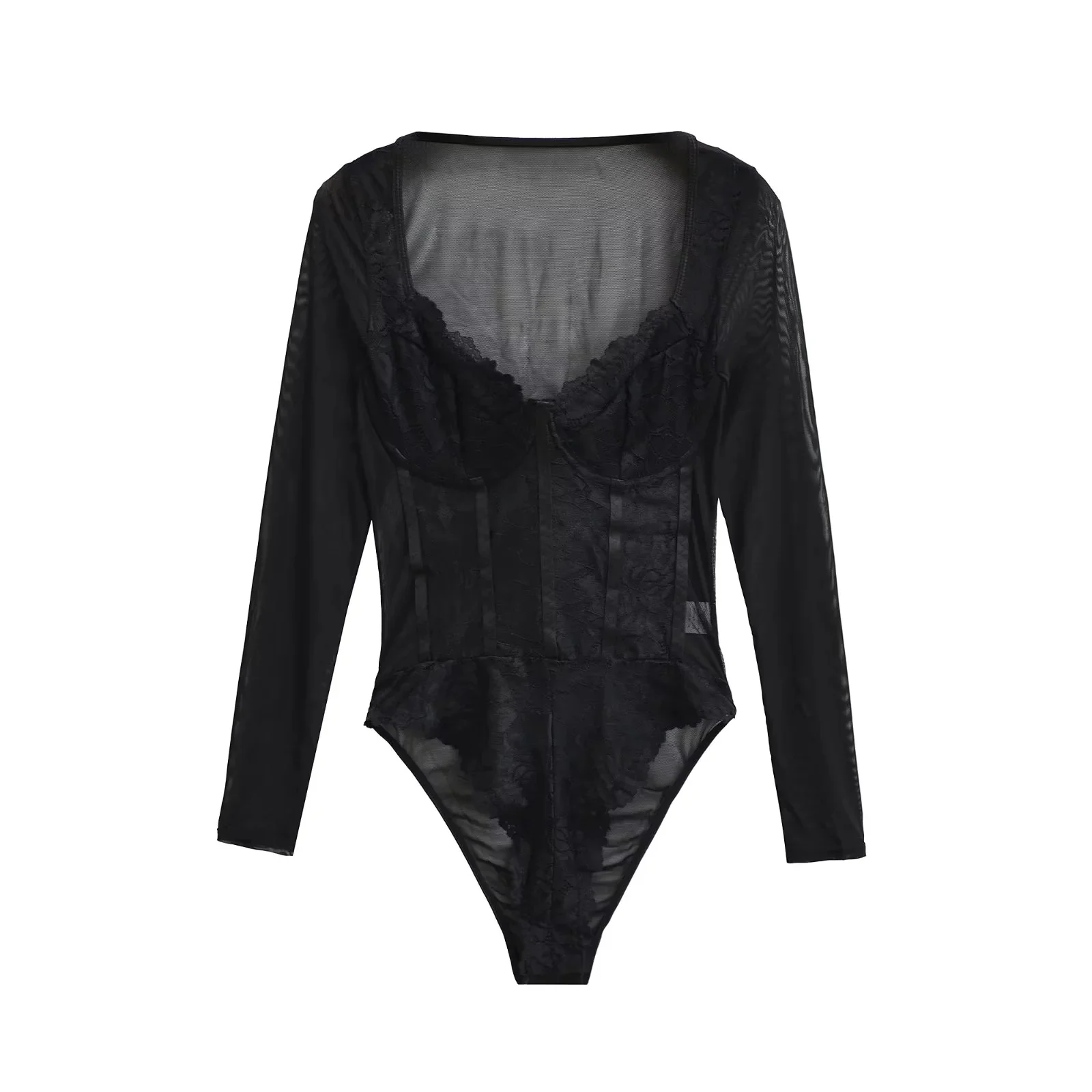 

Женское боди с кружевной отделкой и длинными рукавами, тонкое, прозрачное, с закрытым промежутием, для осени и зимы