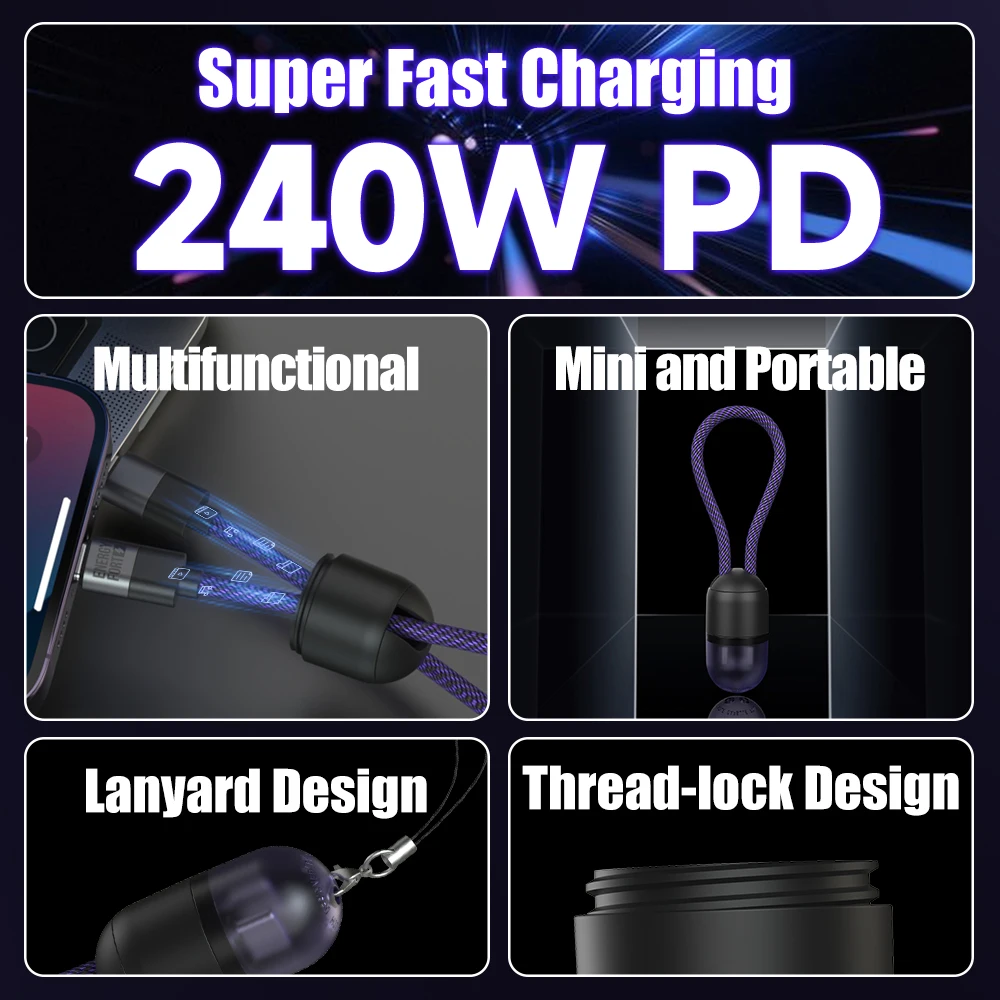 PD 240W Fast Charging Cable Capsule Storage Keychain Lanyard Type-C to Type C Charger Cord 20cm USB C Data Cable for Phone