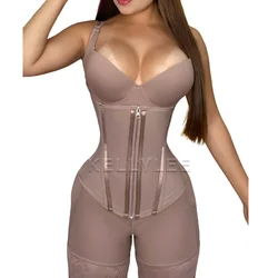 Sleeveless Bodysuit with Bra & Bones Long Front Zip Belt Postpartum Belly Wrap Shapewear Moldeador Mujer Fajas with Hook Eyes