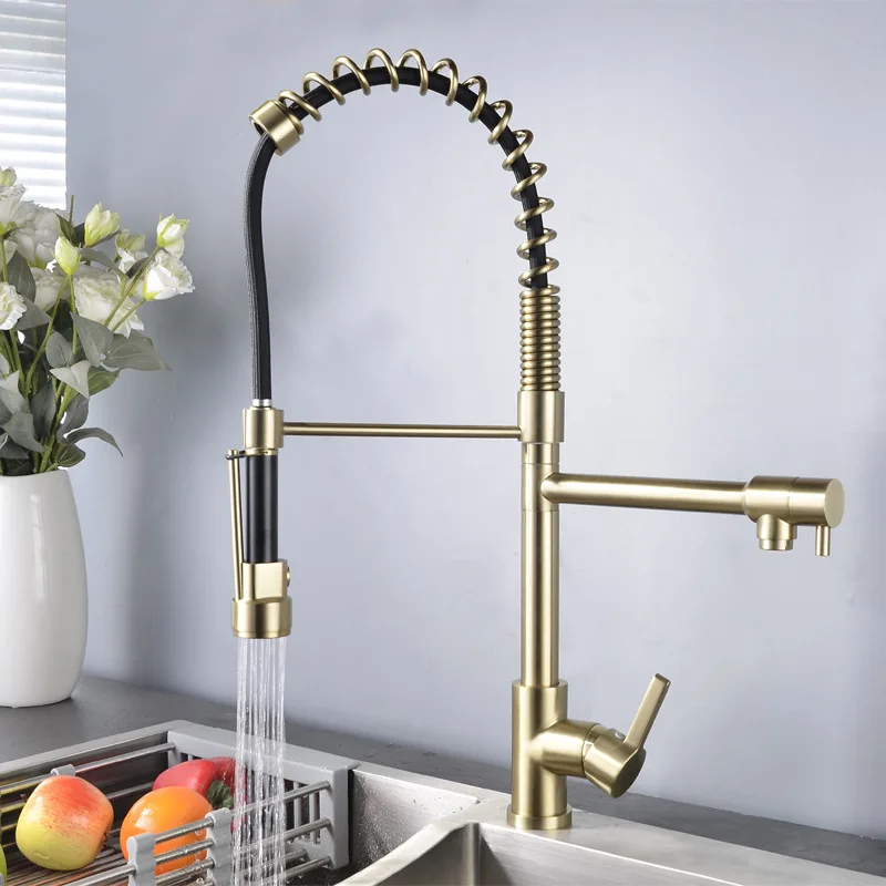 

Медный кухонный смеситель с двойным изливом для горячей и холодной воды, для мойки, бытовой, с пружинным механизмом