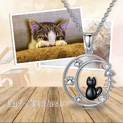 Creative Funny Black Cat Moon Pendant Necklace For Women Cute Kitten Moonstone Choker Couple Friendship Y2K Charm Jewelry Gift
