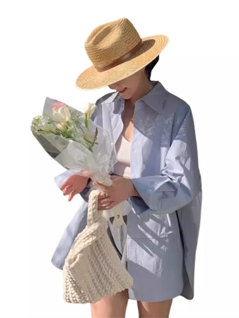 French Blue Long Sleeved Sun Protection Shirt Jacket for Women 2024 Spring and Autumn New Versatile Small and Loose Fitting top