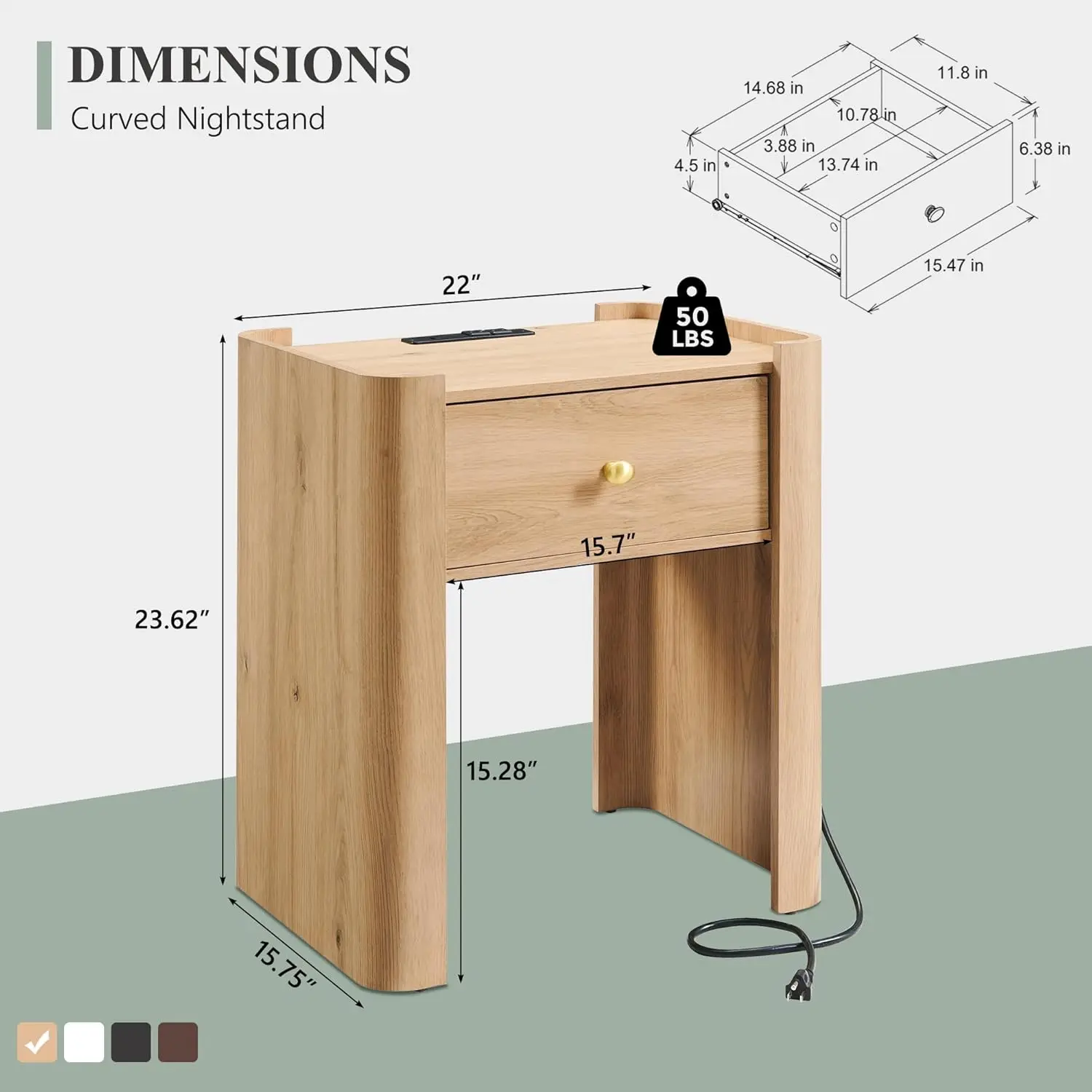 23.6' Tall Modern Nightstand with Charging Station, 22' Wide Wooden Bedside Table with Drawer, Natural Finish
