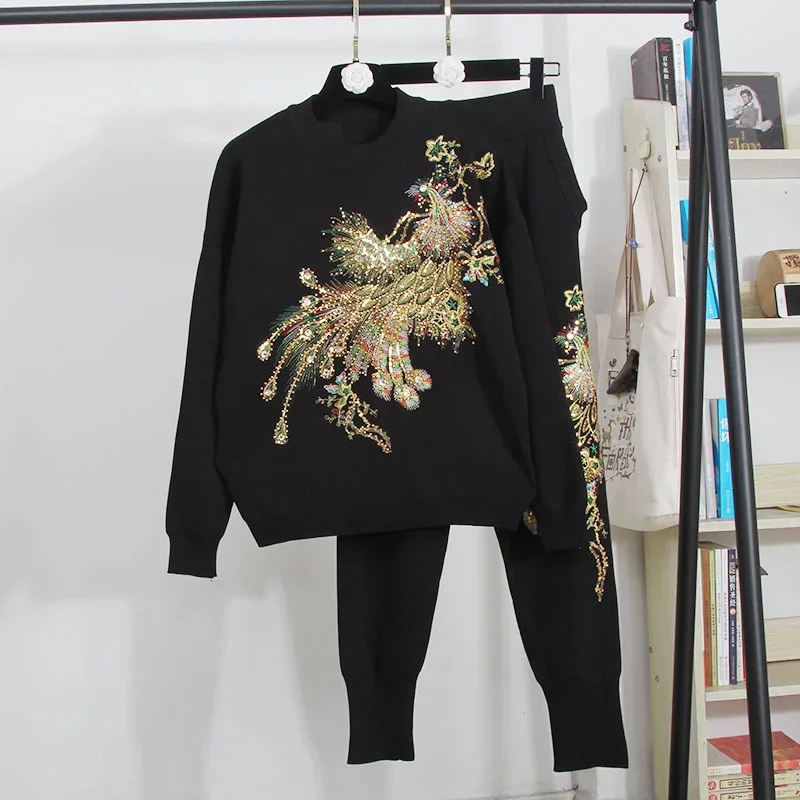 Beading Phoenix Embroidery Knitted Tracksuits Women Outfits Loose Pink Red Black Knit Pullover Sweater Pencil Pants Set Female