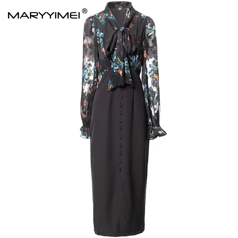 

MARYYIMEI Fashion Women's New Scarf Collar Lantern See-Through Long-Sleeved Vintage Printed Patchwork Pencil Hip Wrap MIDI Dress